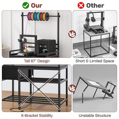 3D Printer Stand with Filament Storage – Tall 66" Heavy Duty Metal 3D Printer Table with Power Hub, Drawer & X-Bracket Stability for Workshop, Studio, Office