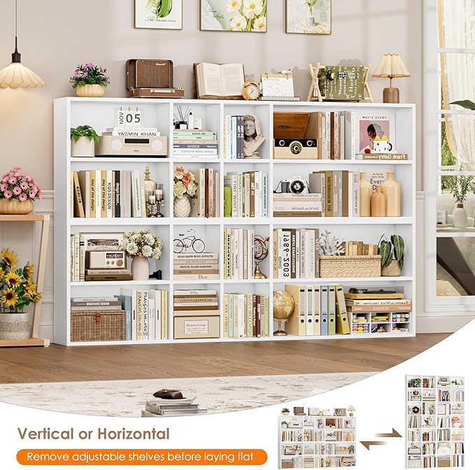FOTOSOK 71'' Tall Bookshelf with 14 Cubes, 7 Tier Double Wide White Bookshelf with 6 Adjustable Shelves, 19.6" Narrow Bookcase DVD/CD Media Storage, Space Saving Display Shelf Cabinet, White