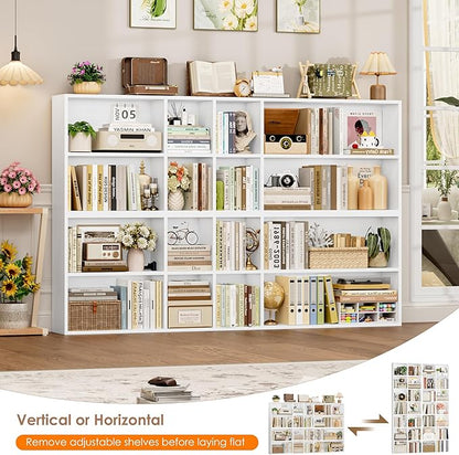 FOTOSOK 71'' Tall Bookshelf with 14 Cubes, 7 Tier Double Wide White Bookshelf with 6 Adjustable Shelves, 19.6" Narrow Bookcase DVD/CD Media Storage, Space Saving Display Shelf Cabinet, White