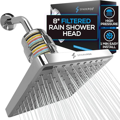 SparkPod 23-Stage Filtered Shower Head, 8" Square, Polished Chrome | Filtered Shower Head for Hard Water Filter, High Pressure, Reduces Chlorine, Heavy Metals, For Dry Skin & Hair