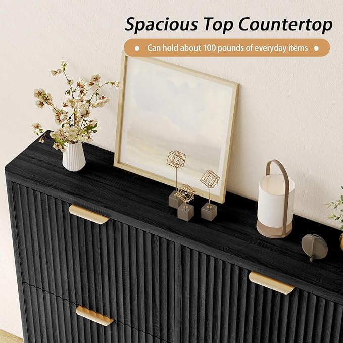 Shoe Storage Cabinet for Entryway with 4 Flip Drawers, 47.2" Large Modern Freestanding Shoe Organizer with Fluted Doors & Hidden Shoe Rack - Slim Enclosed Shoe Rack for Hallway (Black)