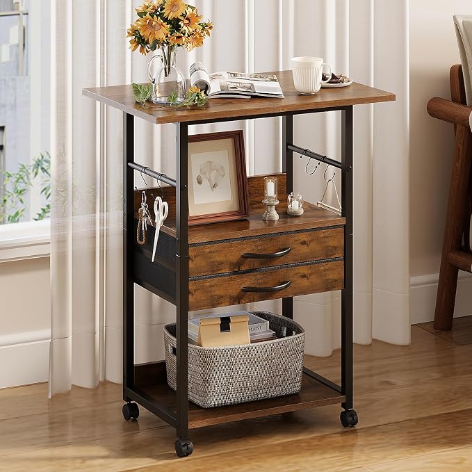 VENNQD Large Printer Stand with Storage Fabric Drawer Under Desk Printer Table with Wheels for Home Office, Printer Cart fit Fax Machine Scanner (Rustic Brown, 3 Tiers)
