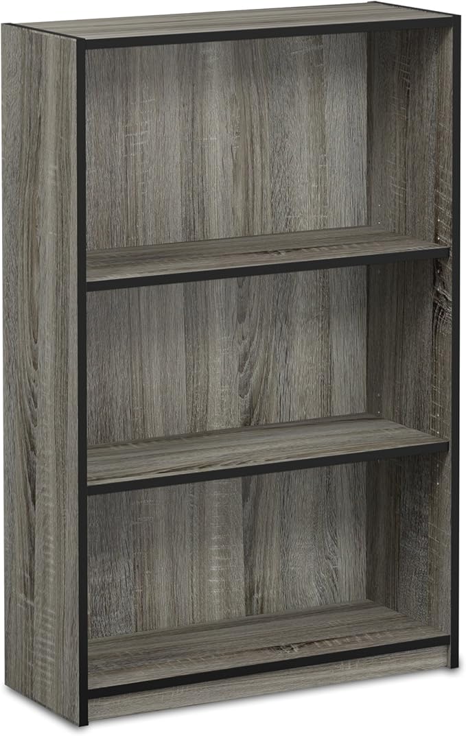 Furinno Jaya Book Shelf, 3-Tier Bookshelf, Bookcase with Adjustable Shelves, 9.5 x 24.5 x 40.3, for Living Room, Bedroom, Home Office, Grey Oak
