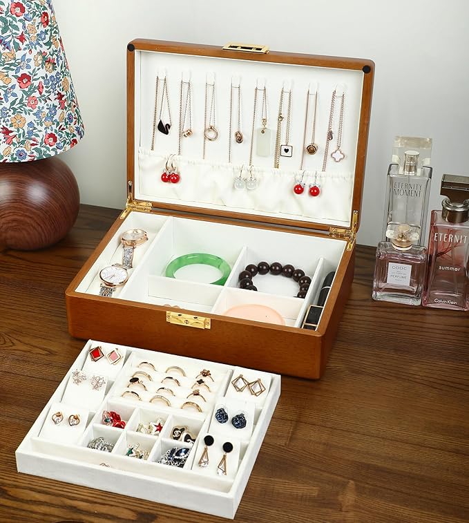 Solid Walnut Wood Jewelry Box with Lock, 2-Layer Vintage Jewelry Organizer for Men Women, Velvet-Lined Storage Chest with Key Lock (Beige)