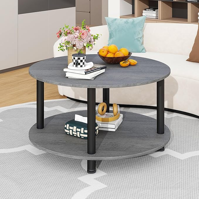 23.6" Round Coffee Table, 2-Tier Small Circle Coffee Table with Storage, Modern Center Accent Table with Metal Frame, Side Table End Table for Small Space, Living Room, Office, Grey