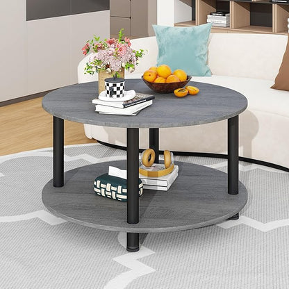 23.6" Round Coffee Table, 2-Tier Small Circle Coffee Table with Storage, Modern Center Accent Table with Metal Frame, Side Table End Table for Small Space, Living Room, Office, Grey