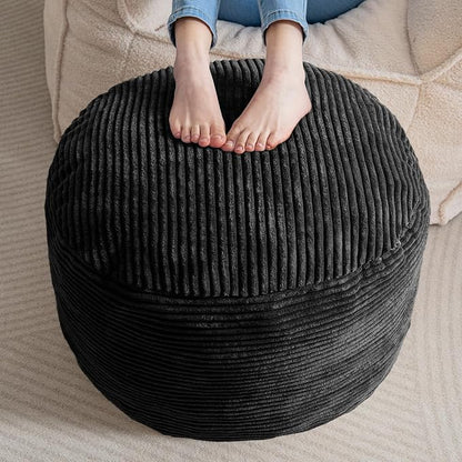 HIGOGOGO Round Stuffed Pouf Ottoman, Corduroy Poufs with Foam Chunk Filling, Furry and Fluffy Pouf Foot Stool Storage Ottoman, 26 X 18 Floor Poufs Foot Rest for Living Room, Black