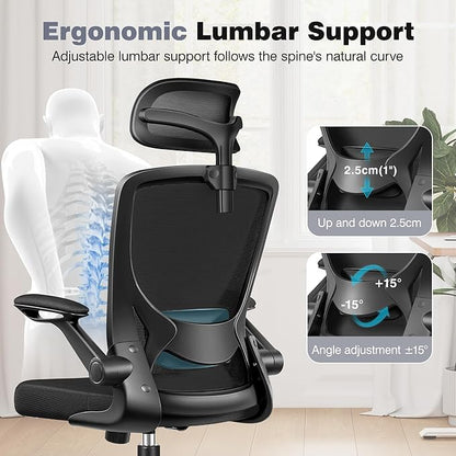 Ergonomic Office Desk Chair Comfy, High Back Mesh Office Desk Chairs with Adjustable Lumbar Support, Headrest, Flip-up Armrests, Home Computer Chair for Gaming, Work, 2 Pack