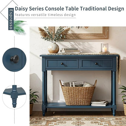Knocbel Antique Entry Console Table with 2 Drawers & Bottom Open Shelf, Wood Sofa Tables for Entryway Hallway Living Room, 35.34" W x 13.8" D x 30.25" H, Dark Navy