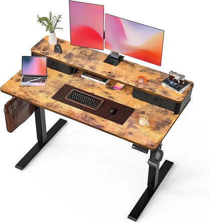 FiCiHi Standing Desk with Drawers,C-Clamp Mount Compatible, 55x24 Inch Electric Adjustable Height Computer Stand Up Desks, Home Office Sit Stand Table with 3 Preset Heights & Hooks, Rustic Brown