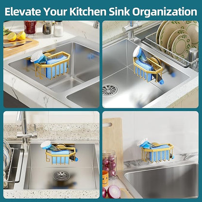 TAILI Sponge Holder for Kitchen Sink with Strong Suction Cup Removable, Rustproof Aluminum Sink Caddy for Sponge, Brush, Scrubber, Scraper -Gold