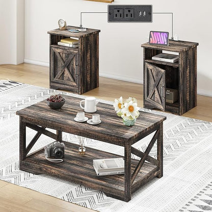 AMERLIFE 3-Piece Farmhouse Table Set Includes Coffee Table& Two End Tables, Side Table with Charging Station and USB Ports, for Living Room, Dark Oak