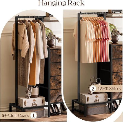Yoobure Dresser with Hanging Rack - Small Closet with 4 Fabric Storage Drawers, 44"H Dresser with Clothes Rack, Chest of Drawer, Kids Dressers for Bedroom, Entryway, Living Room, Sturdy Frame, Rustic