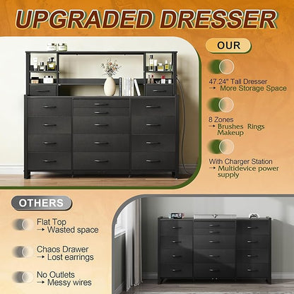 Tall Console Table with 15 Fabric Drawer & 5 Open Shelves, Tall Storage Organizer with Charging Station, Storage Tower Organizaton for Living Room, Hallway, Office, Black