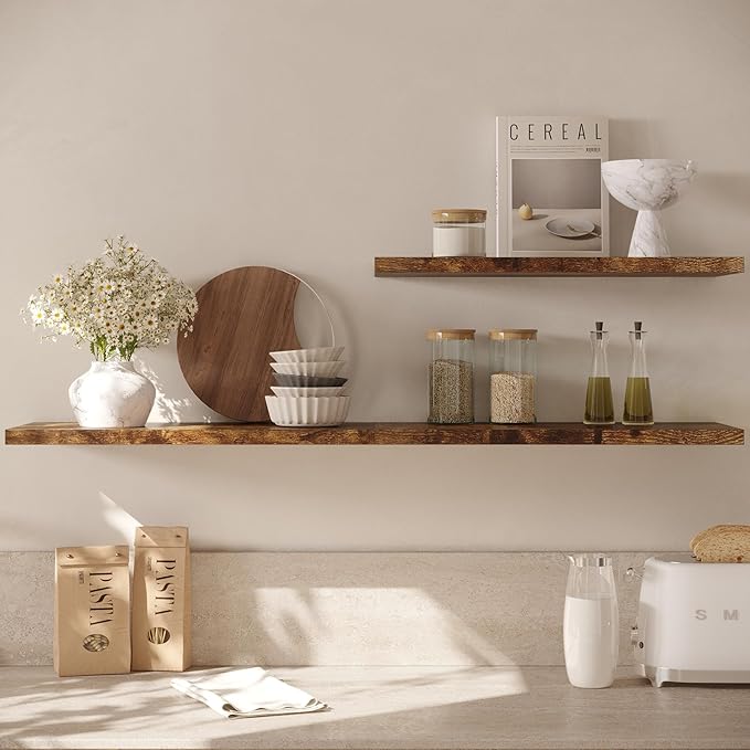 JPND Wall Shelf Set of 2, Rustic Brown Floating Shelves 30 in W x 10 in D x 1 in H, Wooden Floating Wall Shelf with Invisible Brackets for Living Room/Bedroom/Bathroom/Kitchen Storage and Decor