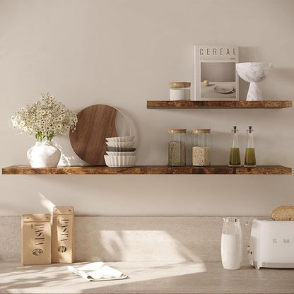 JPND Wall Shelf Set of 2, Rustic Brown Floating Shelves 36 in W x 10 in D x 1 in H, Wooden Floating Wall Shelf with Invisible Brackets for Living Room/Bedroom/Bathroom/Kitchen Storage and Decor