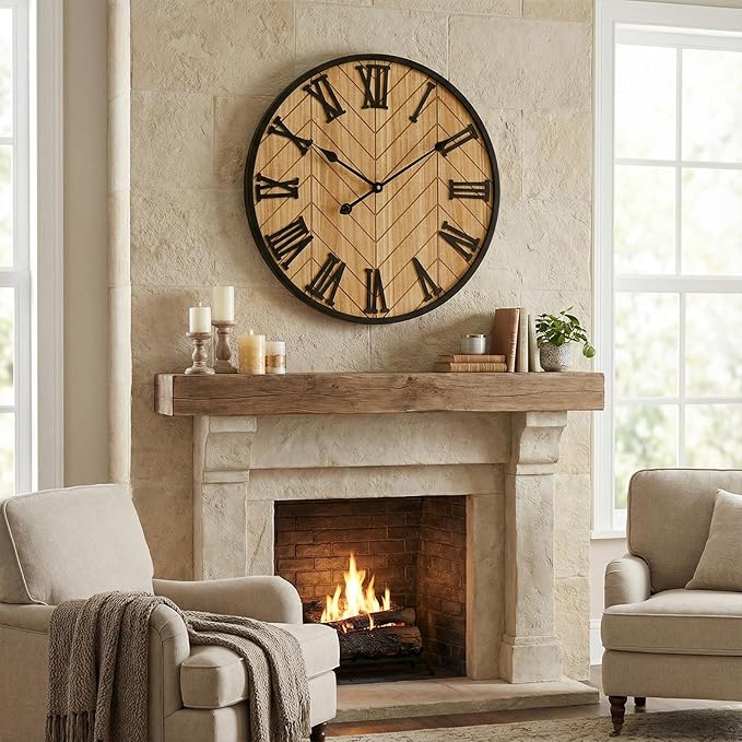 EMAX HOME 24 Inch Large Wall Clock Farmhouse Style - Brown Silent Non-Ticking Rustic Decor for Living Room, Kitchen, Bedroom