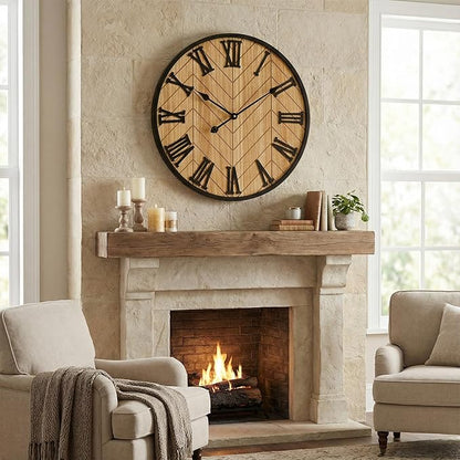 EMAX HOME 24 Inch Large Wall Clock Farmhouse Style - Brown Silent Non-Ticking Rustic Decor for Living Room, Kitchen, Bedroom