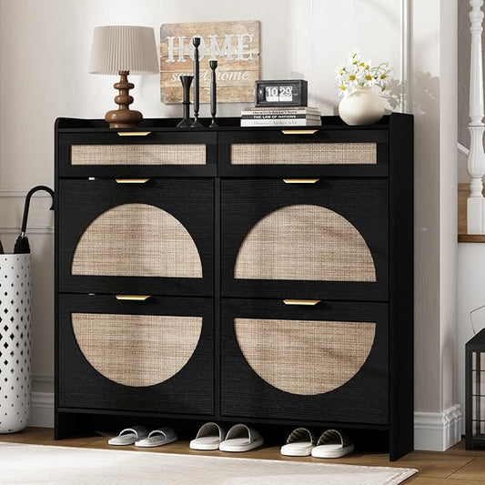 Rattan Shoe Storage Cabinet with 4 Flip Drawers & 2 Drawers, Freestanding Organizer for Front Door Entrance, Hidden Narrow Shoe Rack Cabinet Storage for Entryway, Black