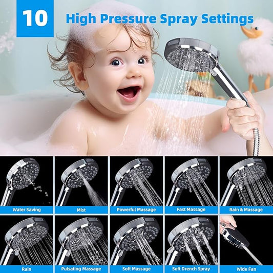 Hibbent All Metal 12'' Dual Filtered Rainfall Shower Head Combo, High Pressure Handheld Shower Head with 12'' Adjustable Curved Extension Arm, 20 Stage Shower Filter, 10-spray, 71'' Hose, Chrome