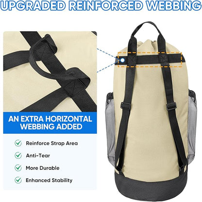 BALEINE 150L Laundry Bag Backpack, 900D Oxford Fabric Large Travel Laundry Bags with Shoulder Straps and 2 Mesh Pockets for College Dorm, Apartment, Laundromat (Beige, 150L)