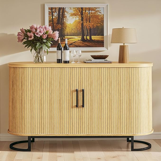 47.2" Buffet Cabinet with Storage, Fluted Sideboard Cabinet with Tambour Door & Adjustable Shelf, Modern Storage Cabinets for Kitchen, Living Room, Entryway, Oak