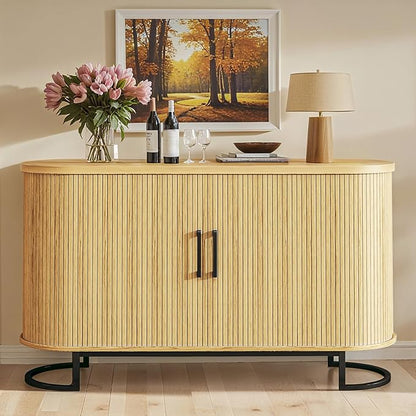 47.2" Buffet Cabinet with Storage, Fluted Sideboard Cabinet with Tambour Door & Adjustable Shelf, Modern Storage Cabinets for Kitchen, Living Room, Entryway, Oak