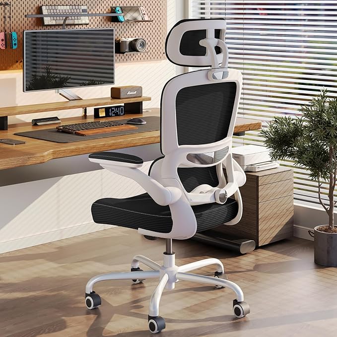 TRALT Ergonomic Office Chair - Desk Chair with Adjustable Headrest Lumbar Support Computer Chair - Mesh Comfy Chair with Flip-up Armrests - Gaming Chairs for Adults Home Office (Leather, Black White)