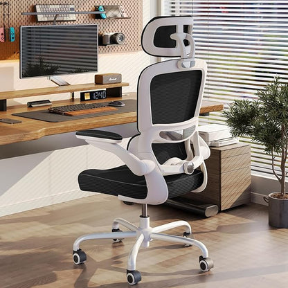 TRALT Ergonomic Office Chair - Desk Chair with Adjustable Headrest Lumbar Support Computer Chair - Mesh Comfy Chair with Flip-up Armrests - Gaming Chairs for Adults Home Office (Leather, Black White)