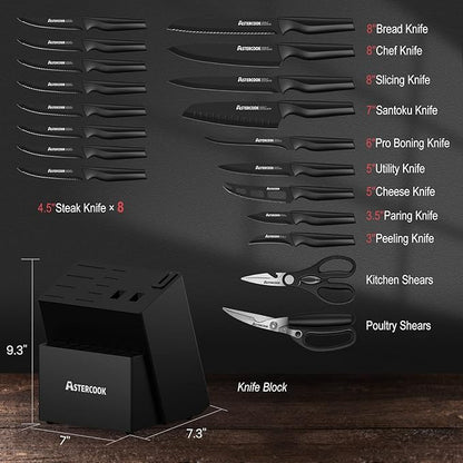 Knife Set, Astercook 21 Pieces Knife Sets for Kitchen with Block, Dishwasher Safe Kitchen Knife Set with Built-in Sharpener, German Stainless Steel Black Knife Block Set, Fathers Day Gift for Men