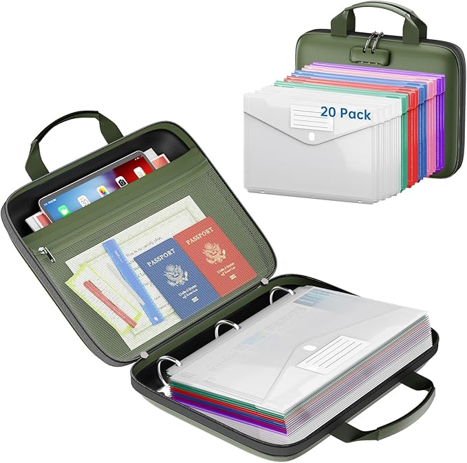 Binder Folders Organizer with 20 Pack Heavyweight Plastic Pockets,Fireproof File Folder Box with Lock,Zipper Binder Bag for Important Documents,Letter Size,Green