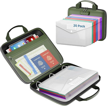 Binder Folders Organizer with 20 Pack Heavyweight Plastic Pockets,Fireproof File Folder Box with Lock,Zipper Binder Bag for Important Documents,Letter Size,Green