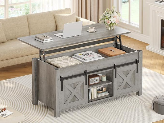 SEDETA Lift Top Coffee Table, Farmhouse Lift Tabletop Dining Table, Gas Spring, Hidden Compartment, Open Storage Shelf, for Living Room, Grey