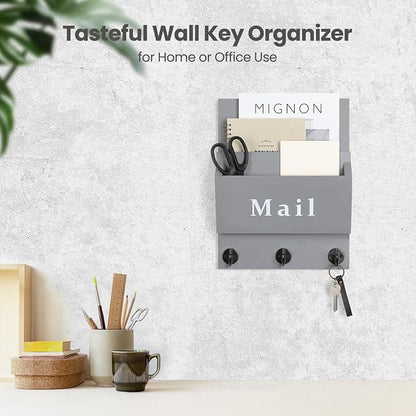 Mail and Key Holder - Decorative 8.86" x 11.42" Wall Key Hanger with 2 Mail Organizer Slots and 3 Hooks - Real Paulownia Wood with Keyhole Brackets, Hardware and Instructions (Gray)