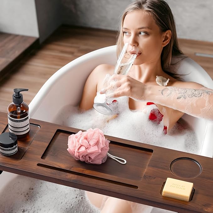 Teak Bathtub Tray for Freestanding Tubs - 29" Heavy-Duty Luxury Bath Caddy, Non-Slip Zero-Wobble Design, Water-Resistant Spa Organizer with Wine Glass & Phone Holder