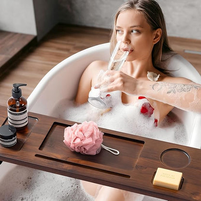 Teak Bathtub Tray for Freestanding Tubs - 35" Heavy-Duty Luxury Bath Caddy, Non-Slip Zero-Wobble Design, Water-Resistant Spa Organizer with Wine Glass & Phone Holder