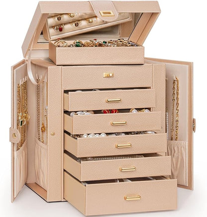 AKOZLIN 6-Tier Jewelry Box Organizer Functional 5 Drawers Leather Jewelry Storage Case for Women Girls Ring Necklace Earring Bracelet Holder Organizer with Mirror Champagne