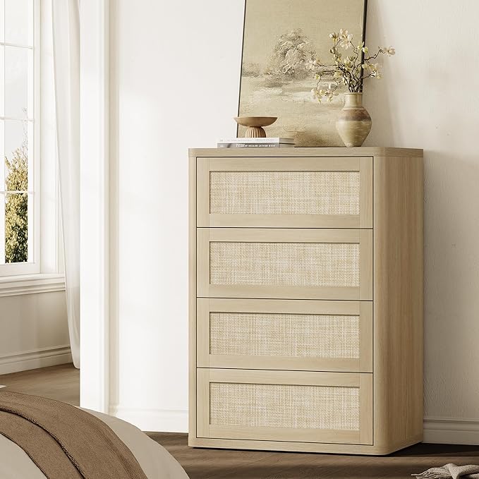 SICOTAS 4 Drawer Dresser for Bedroom-40.59'' Tall Rattan Bedroom Dressers with Oversized Drawers, Boho Wooden Chest of Drawers, Push-to-Open Storage Dresser for Closet, Nursery, Sand Oak, 2PCS