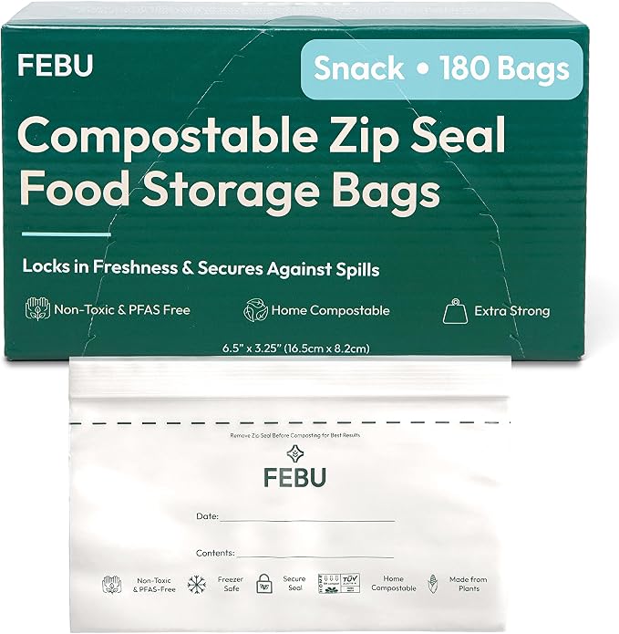 FEBU Snack Compostable Food Storage Bags, 180 Count | Certified Home Compostable & Biodegradable | PFAS & BPA Free Zipper Bags | Leak-Proof & Resealable | 6.5"x 3.25"