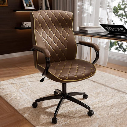 Brown Office Chair with Soft Leather Embroidery, Mid Back Vintage Swivel Executive Desk Chair with Wheels and Padded Arms, Adjustable Height