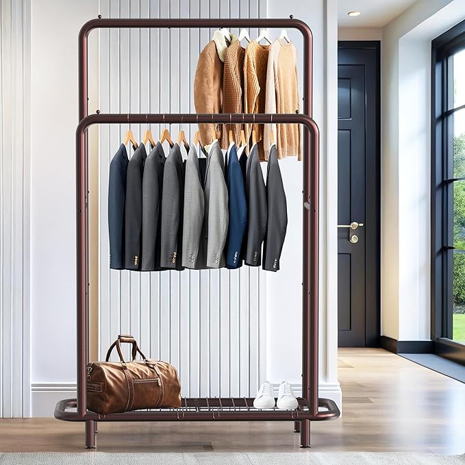 Simple Houseware Double Rod Clothing Garment Rack with Bottom Shelves, Bronze