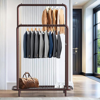 Simple Houseware Double Rod Clothing Garment Rack with Bottom Shelves, Bronze