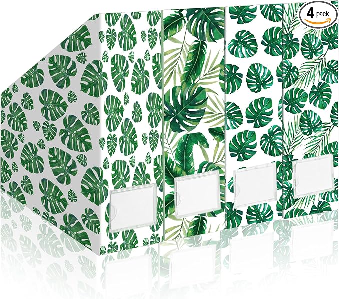 AmazingSpark Set of 4 Monstera Magazine Holder Decorative Foldable Magazine Storage Boxes with Acrylic Label Holders Coquettish Boho Organizer for Office Home Organization Storage