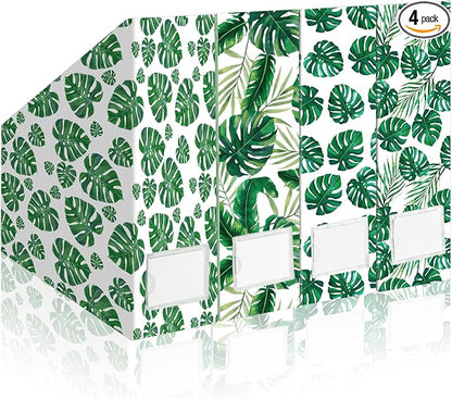 AmazingSpark Set of 4 Monstera Magazine Holder Decorative Foldable Magazine Storage Boxes with Acrylic Label Holders Coquettish Boho Organizer for Office Home Organization Storage