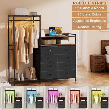 Dresser with Clothes Rack,58" H Clothing Rack with Fabric Drawers & LED Lights,Clothes Racks for Hanging Clothes,8 Drawers Dresser,Garment Rack for Bedroom with Charging Station,Grey
