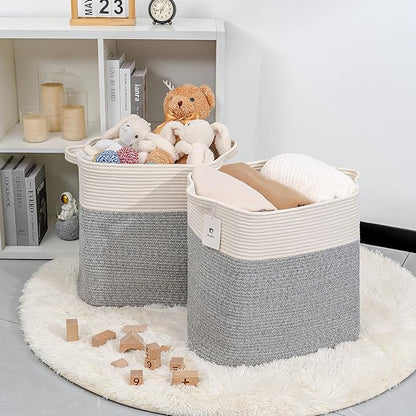 laughbird Storage Baskets for Clothes Fabric Cotton Rope Storage Basket with Handles, Decorative Woven Basket for Living Room,Closet Organizer Blankets, and 2bags (Silver Gray, L17.8×W12.5×H17.9)