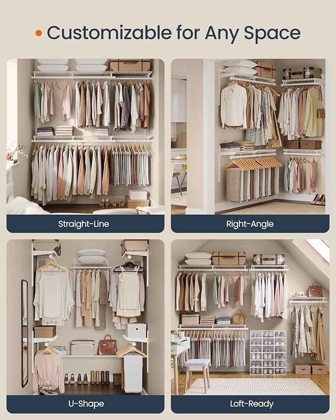 SONGMICS HOME Closet System, Closet Insert Organizer, 4-8 ft, Adjustable Metal Shelving Unit with 6 Hanging Rods, 6 Shelves, and Hooks, for Pantry Mudroom Garage Basement, Cloud White URGR032W01