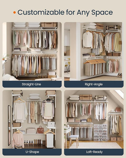 SONGMICS HOME Closet System, Closet Insert Organizer, 4-8 ft, Adjustable Metal Shelving Unit with 6 Hanging Rods, 6 Shelves, and Hooks, for Pantry Mudroom Garage Basement, Cloud White URGR032W01