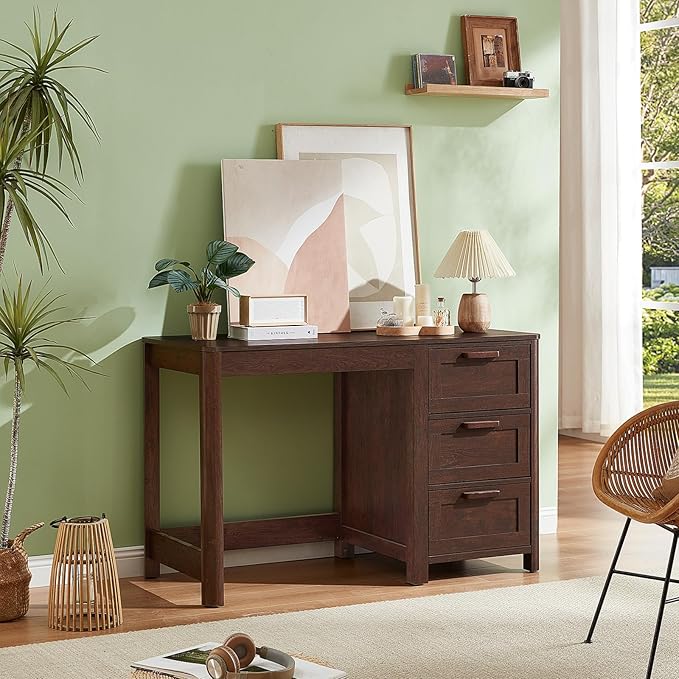 48'' Farmhouse Executive Desk with Storage, Wooden Home Office Desk with Drawer and Vintage Handle, Large Computer Writing Desk for Study, Bedroom, Living Room （Dark Walnut）