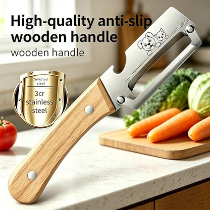 2-in-1 Vegetable Peeler with Built-in Bottle Opener, Sharp Stainless Steel Potato & Fruit Peeler, Ergonomic Wooden Handle Kitchen Gadget for Home, BBQ, Camping